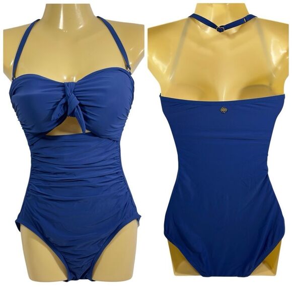 KATE SPADE GROVE BEACH TIE HALTER CUT OUT CAPRI BLUE ONE PIECE SWIMSUIT XS - Picture 1 of 7